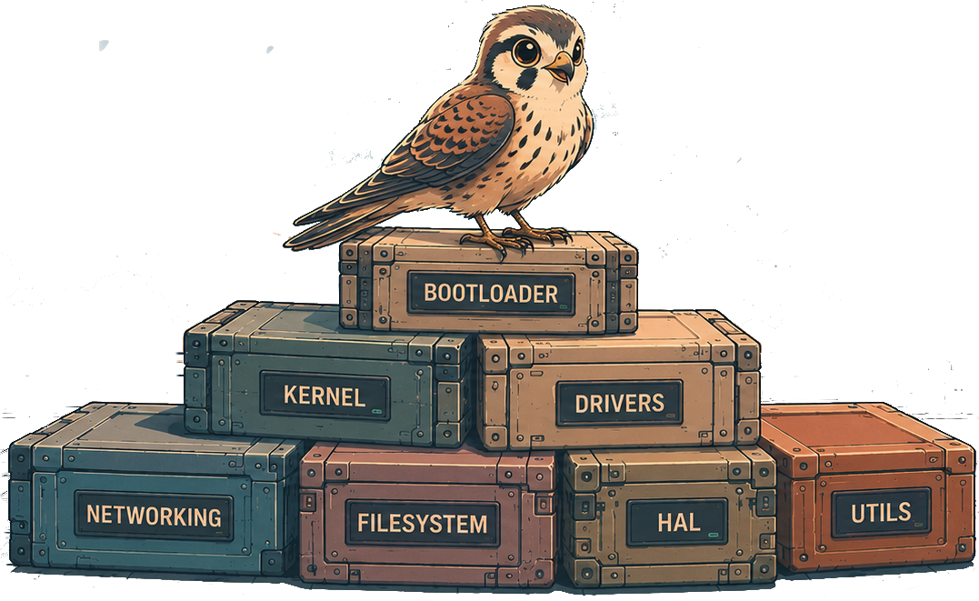 A kestrel perched on a stack of crates labeled with package categories